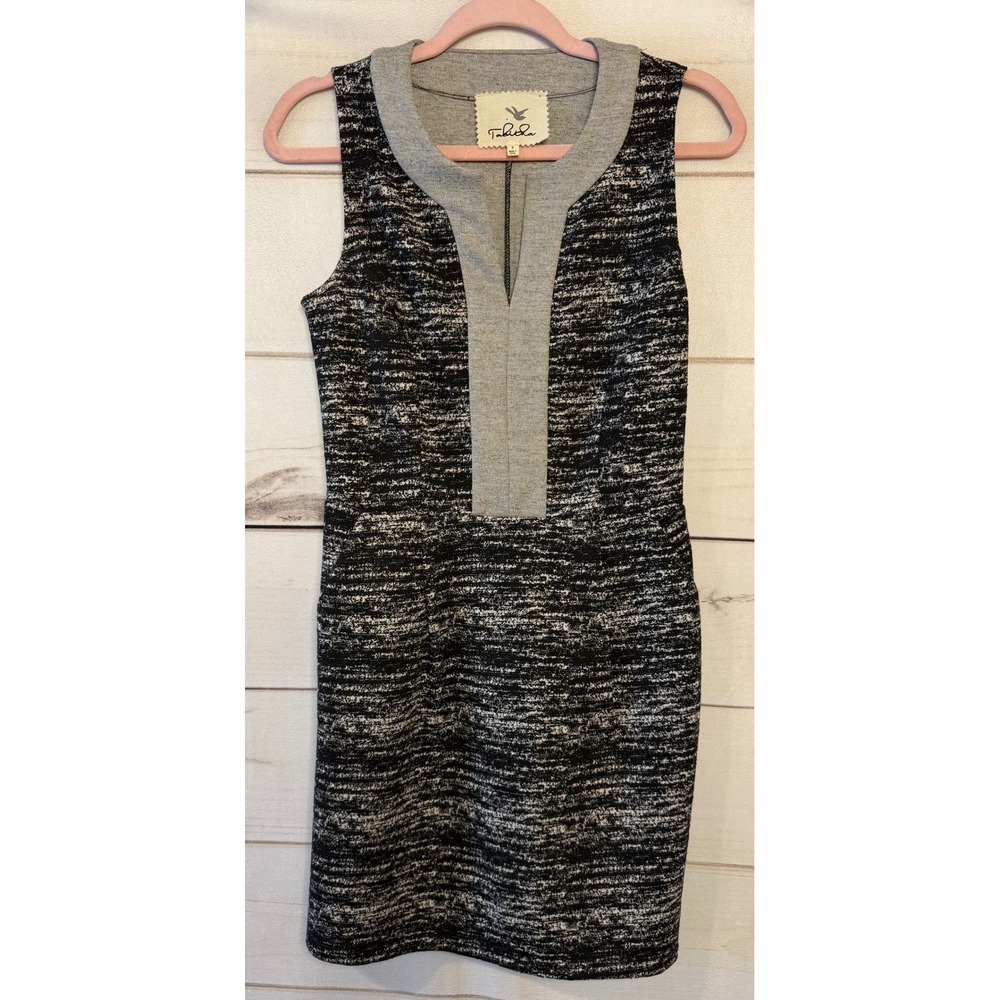 Tabitha Tweed Print V Neck Sleeveless Sheath‎ Dress Women Size 2 Black Gray